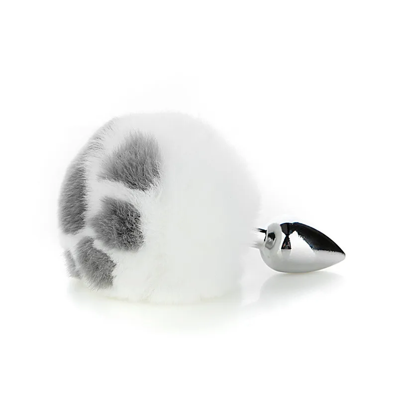 Metal anal plug with a fluffy white real rabbit fur tail and a decorative cat claw base on a clean background.