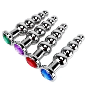 Five-ball graduated stainless steel heavy anal beads with a secure base handle for safe massage.