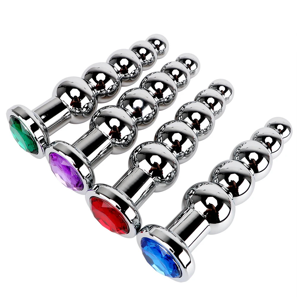 Five-ball graduated stainless steel heavy anal beads with a secure base handle for safe massage.