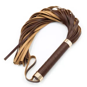 A black PU leather bondage flogger with long tassels and a textured handle for adult couples' games.