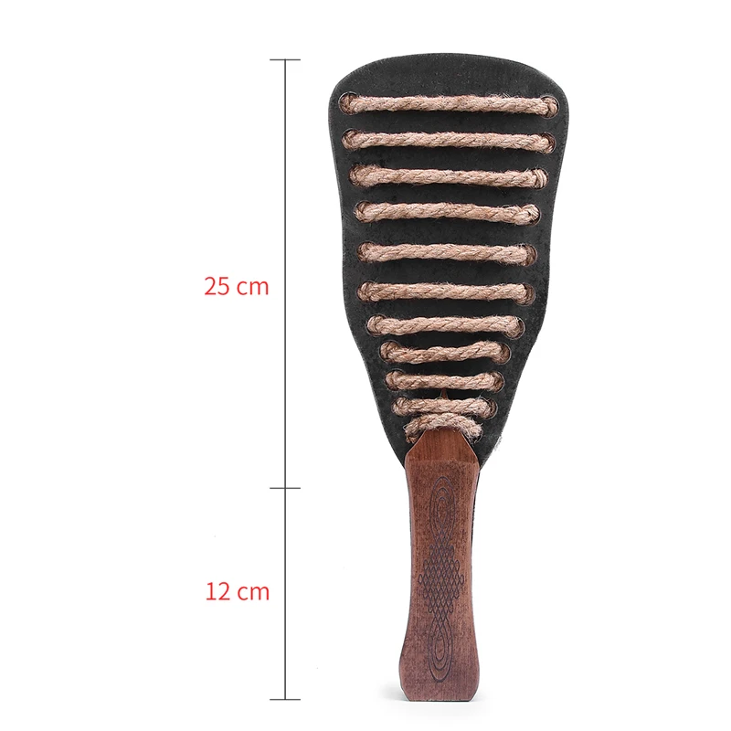 A professional iron plate BDSM spanking paddle alongside a textured hemp rope bondage whip for adult sensory play.