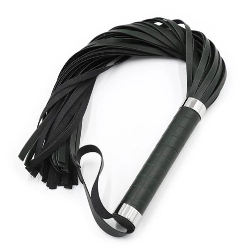 A black PU leather bondage flogger with long tassels and a textured handle for adult couples' games.
