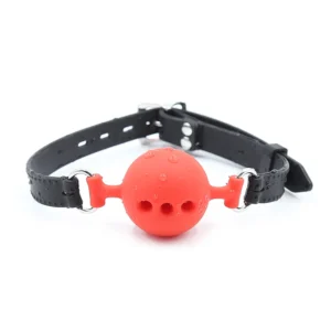 Black silicone open mouth gag ball with holes and adjustable head strap for BDSM bondage.