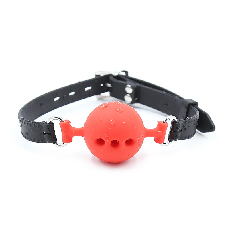 Black silicone open mouth gag ball with holes and adjustable head strap for BDSM bondage.