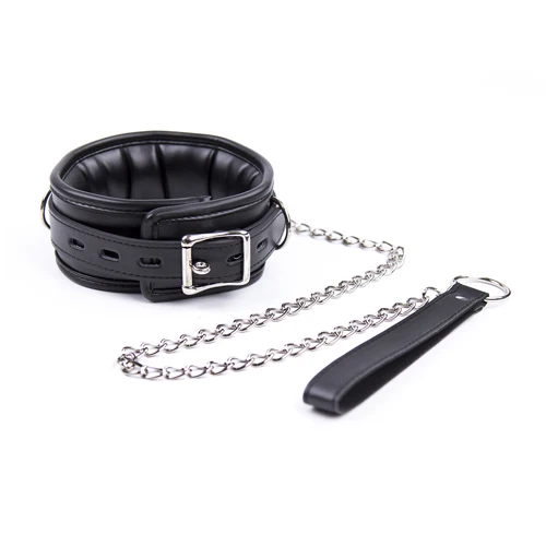 A black leather BDSM collar with a heavy iron chain link and soft sponge interior padding.