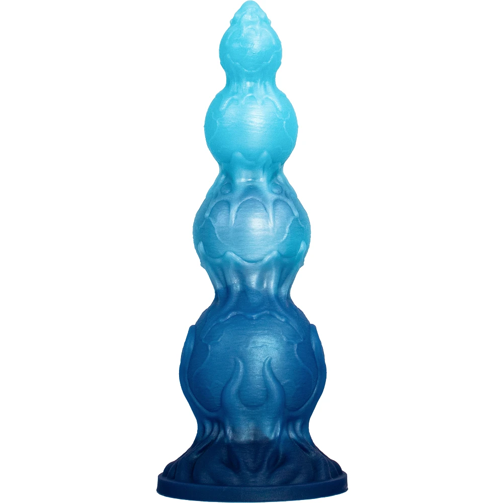 A sleek, gradient blue silicone anal plug and dildo with a tapered tip and flared base, shown in a premium commercial setting.