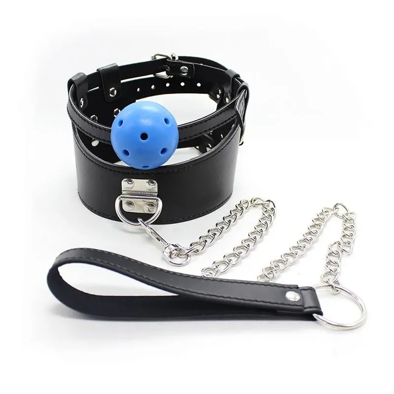 A black PU leather neck sleeve with an integrated mouth ball gag and a heavy-duty metal chain rope collar.