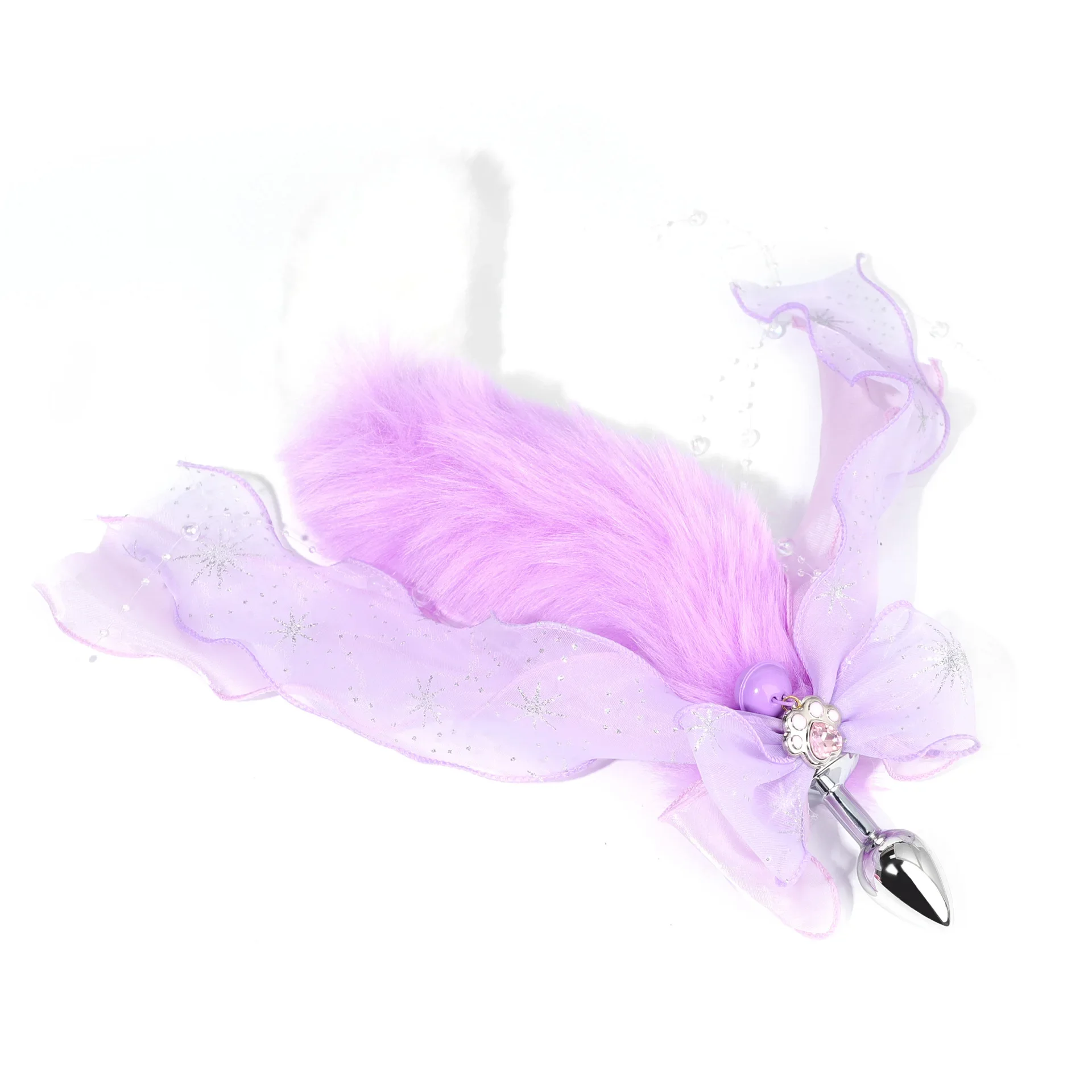 A metal anal plug with a colorful, plush fox tail attachment for erotic adult games.
