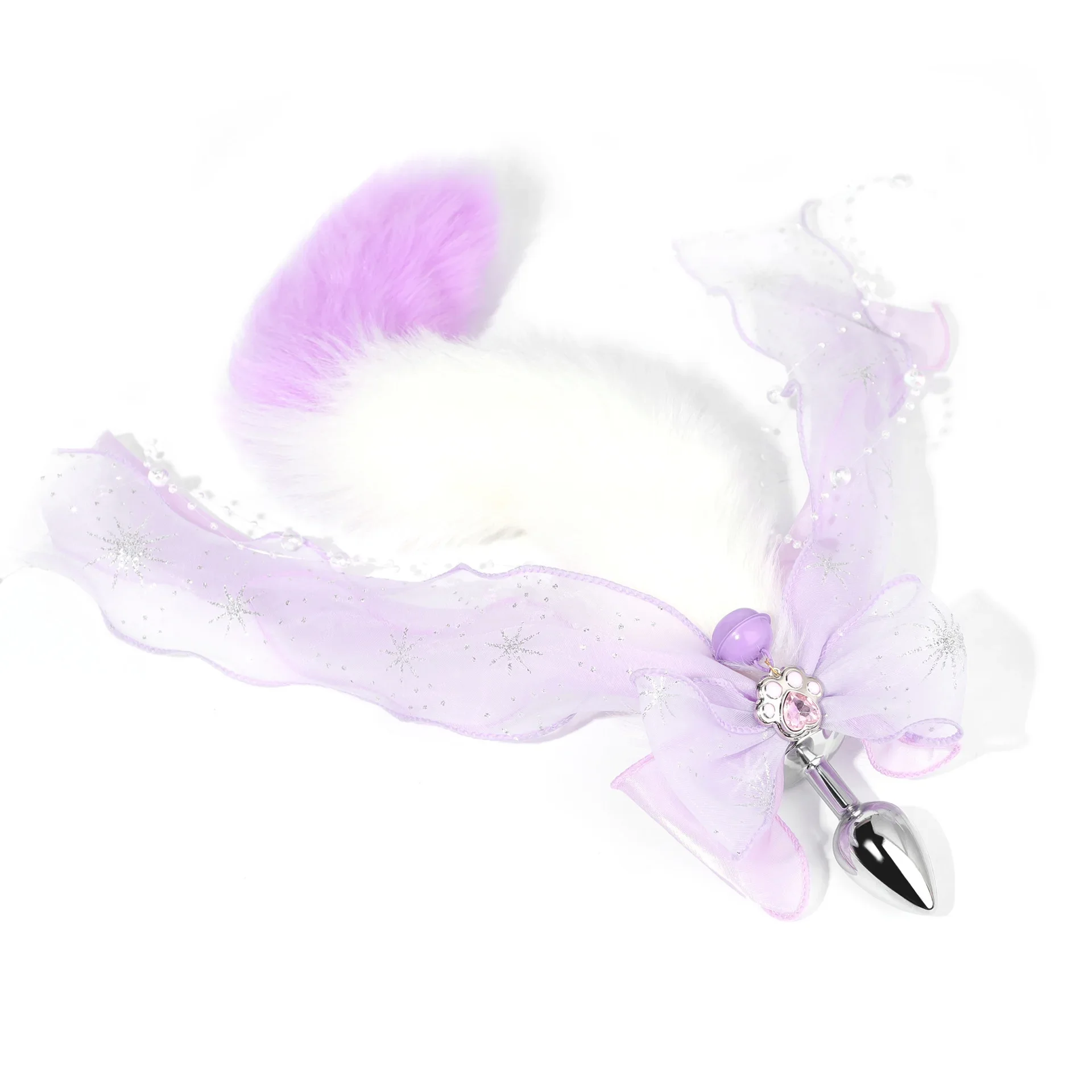 A metal anal plug with a colorful, plush fox tail attachment for erotic adult games.
