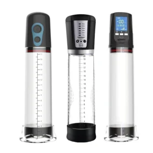 Electric vacuum pump for male enhancement featuring a clear cylinder and digital controls.