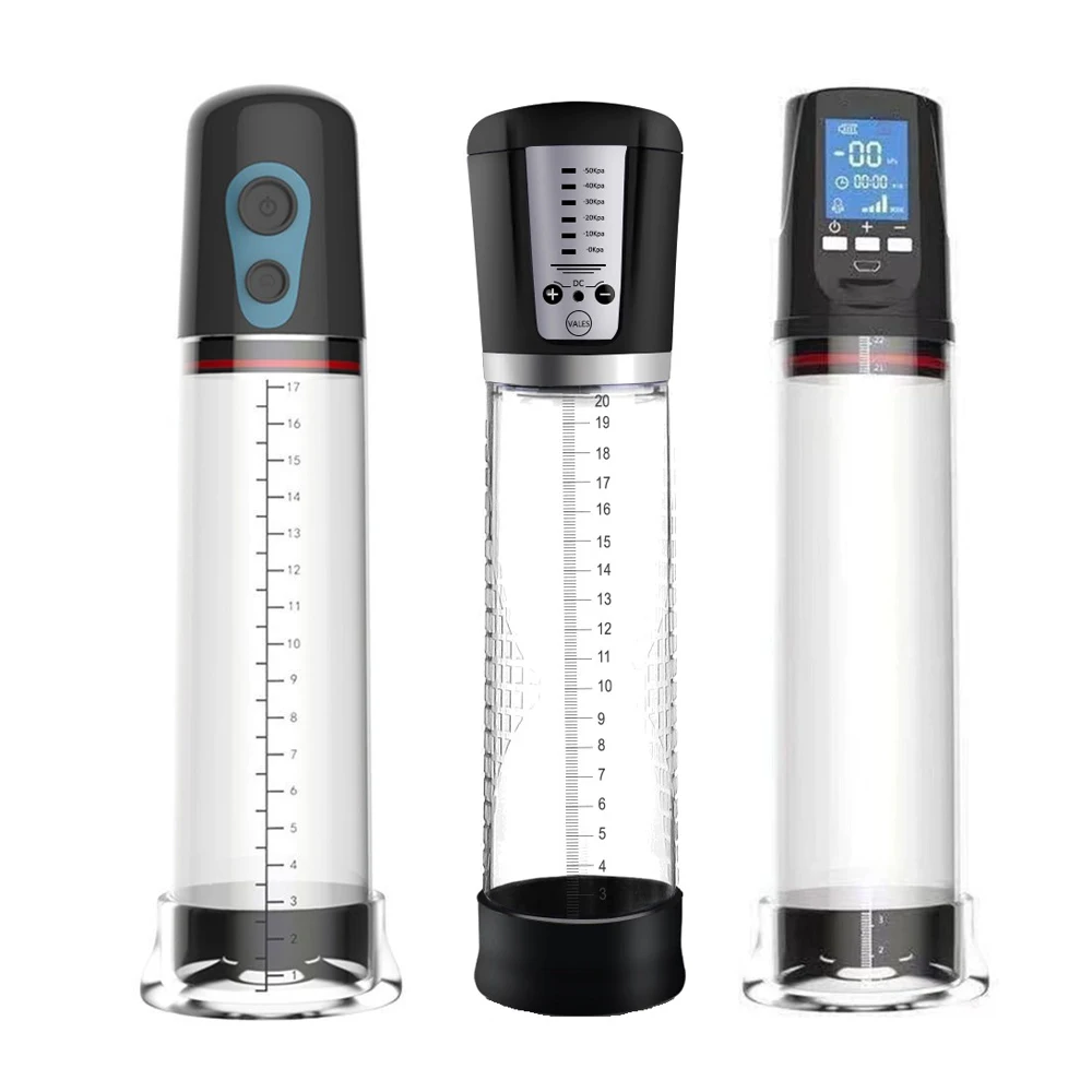 Electric vacuum pump for male enhancement featuring a clear cylinder and digital controls.