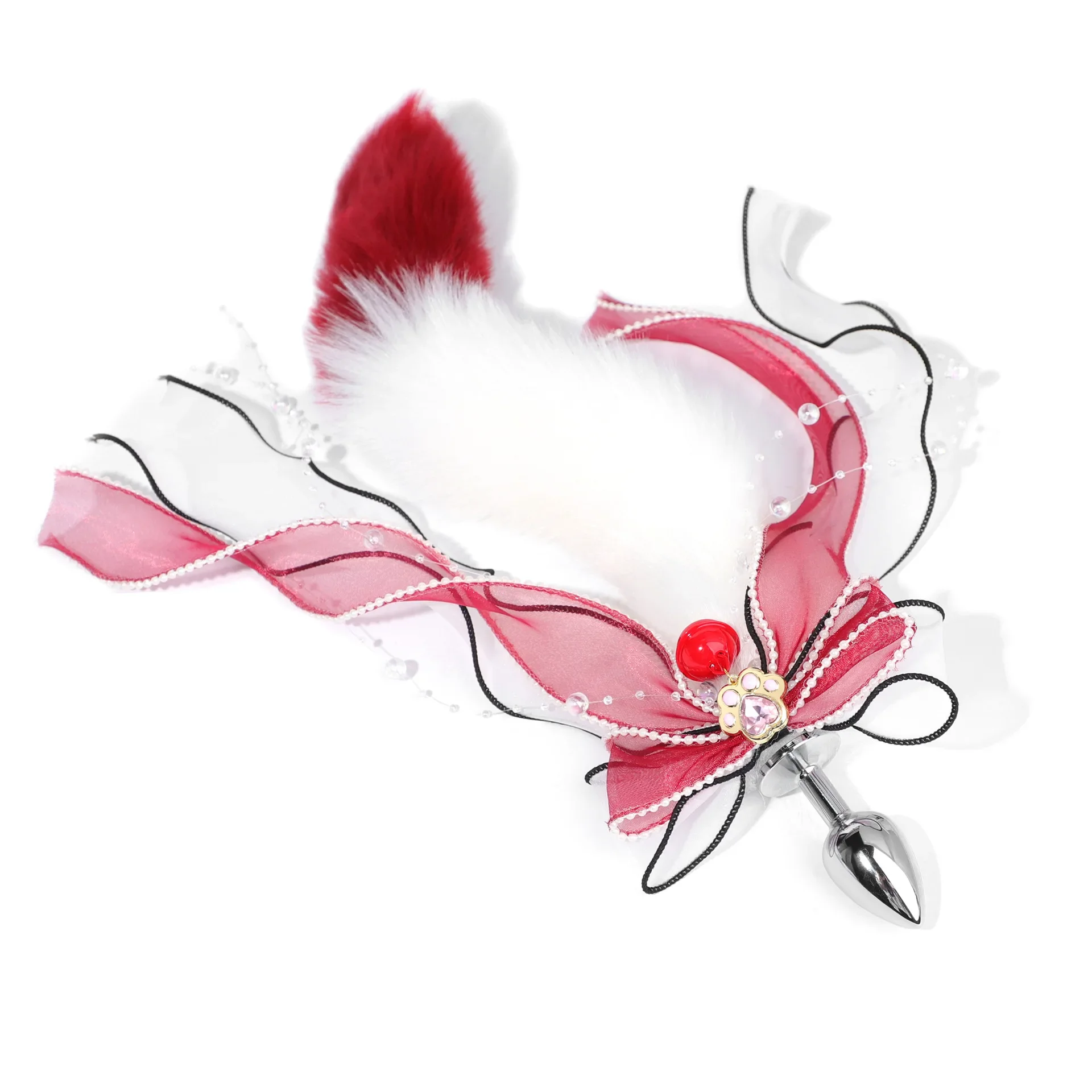 A metal anal plug with a colorful, plush fox tail attachment for erotic adult games.
