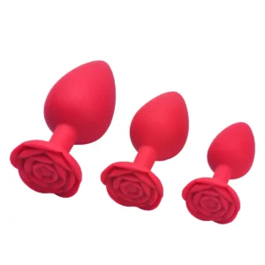 Silicone Rose Flower Anal Plug in small, medium, and large sizes for adult stimulation.