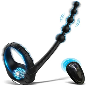 Remote control male prostate massager featuring a cock ring and integrated anal beads on a white background.