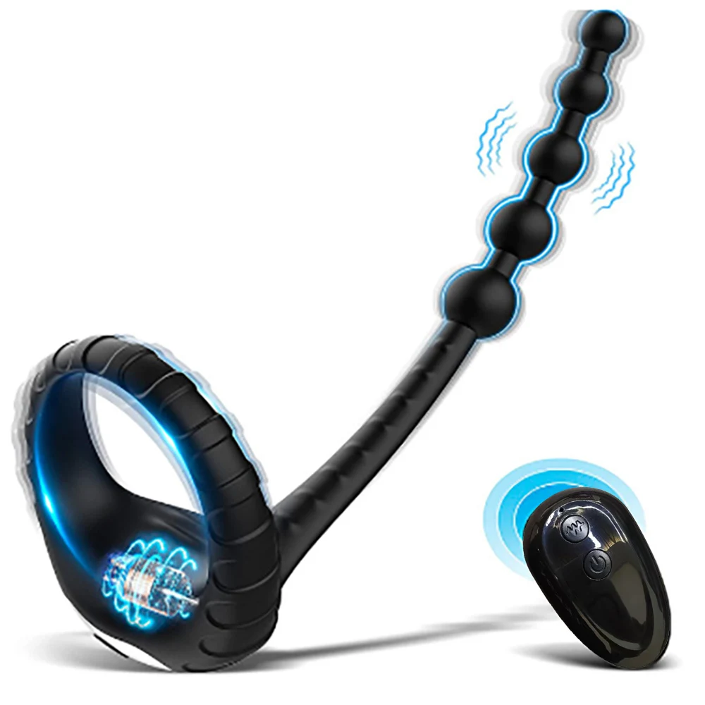 Remote control male prostate massager featuring a cock ring and integrated anal beads on a white background.