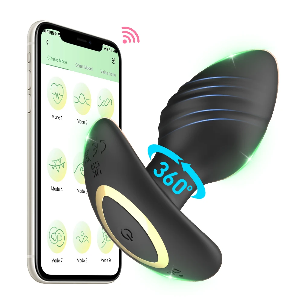 Xlucia black vibrating and rotating app-controlled butt plug for prostate massage.