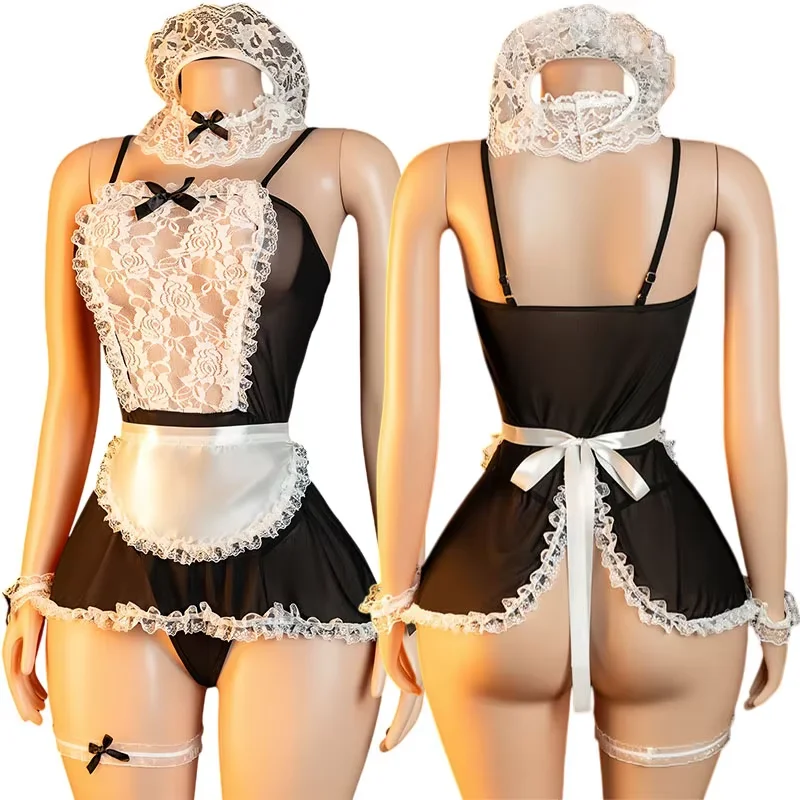 A black and white French apron maid dress with crotchless T panties set for erotic cosplay.