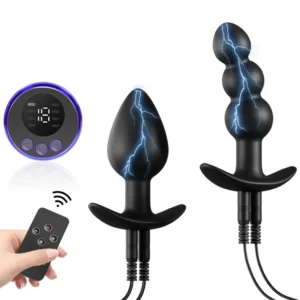 Electric shock pulse anal plug beads stimulator with tapered tip and safety base.