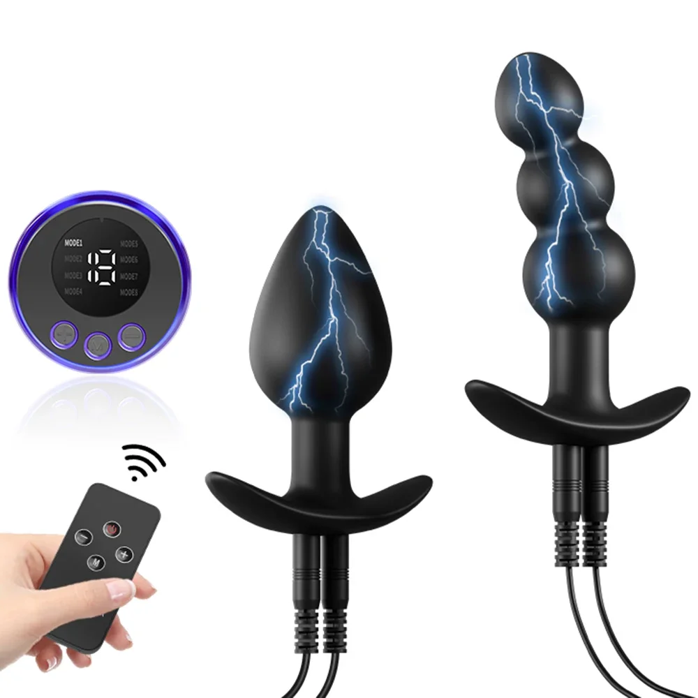 Electric shock pulse anal plug beads stimulator with tapered tip and safety base.