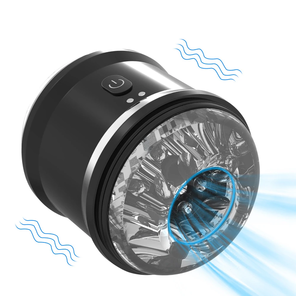 Automatic male masturbator with open-ended sleeve and textured interior for blowjob pleasure.