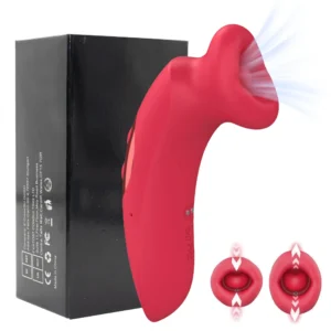 Close-up of a mouth-shaped pink clitoral suction vibrator with a textured licking tongue detail.