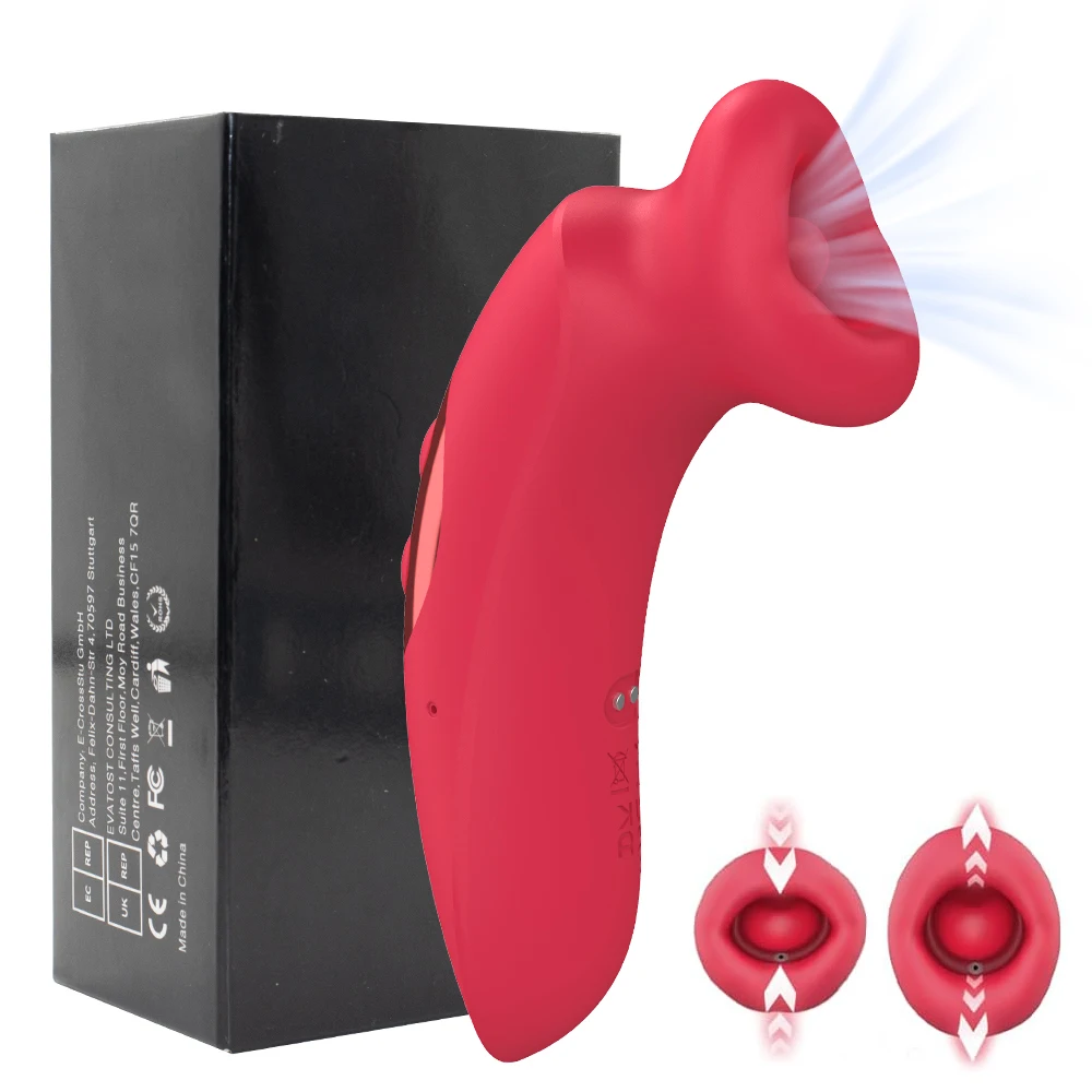 Close-up of a mouth-shaped pink clitoral suction vibrator with a textured licking tongue detail.
