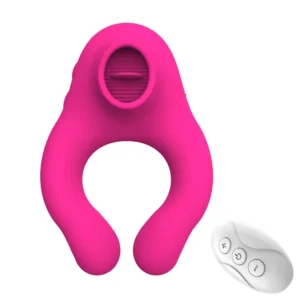 Remote controlled black silicone cock ring with licking stimulator and scrotum massager shown on a clean background.