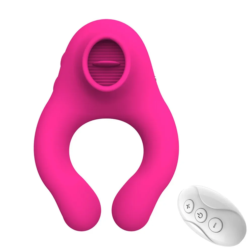 Remote controlled black silicone cock ring with licking stimulator and scrotum massager shown on a clean background.