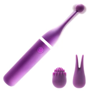 A sleek G Spot Tease Stick vibrator shown with its three interchangeable massage heads for targeted female stimulation.