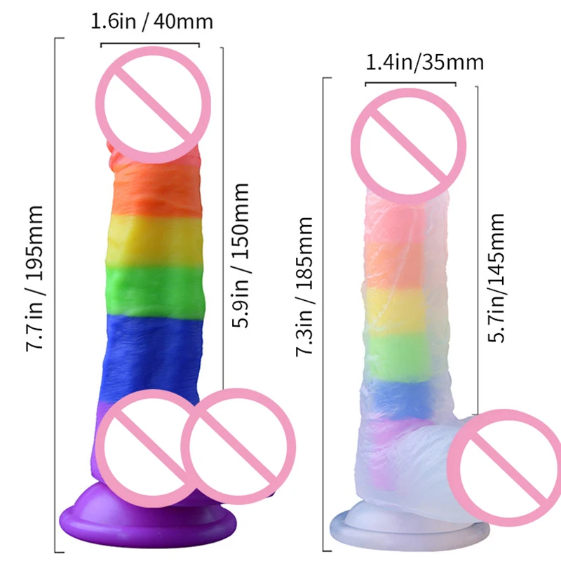 7.7 inch realistic rainbow dildo made of colorful liquid silicone for adult use.