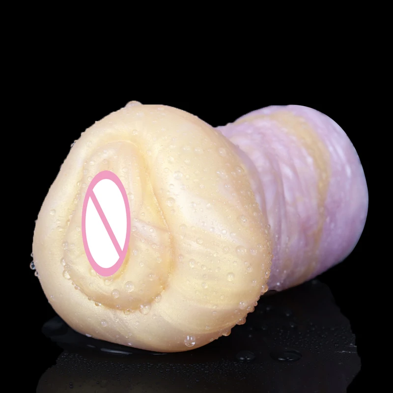 A sleek, handheld silicone masturbation cup for men featuring a textured internal canal and premium casing.