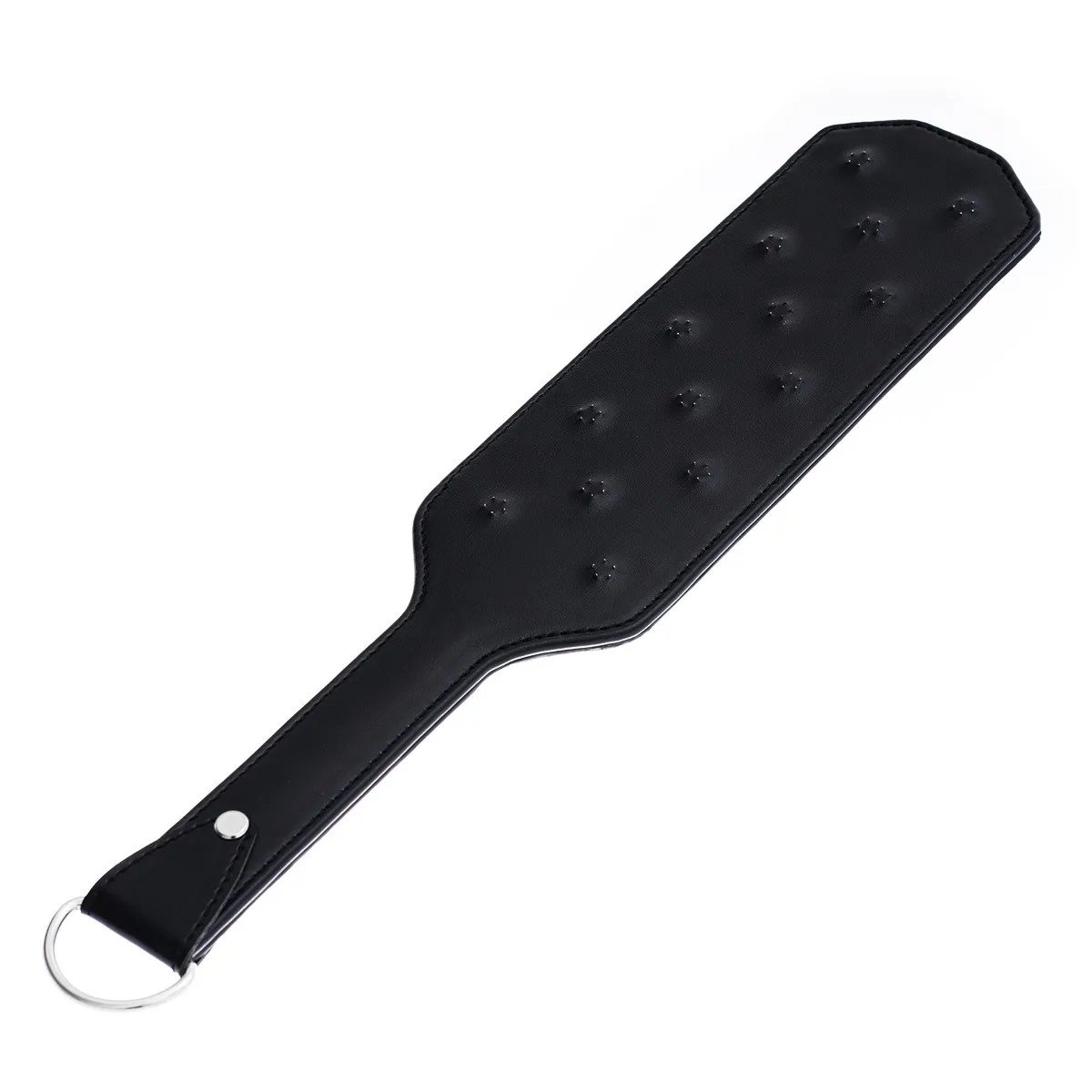 Close-up of a black leather spanking paddle with stainless steel spikes and a 38.5cm handle against a neutral background.
