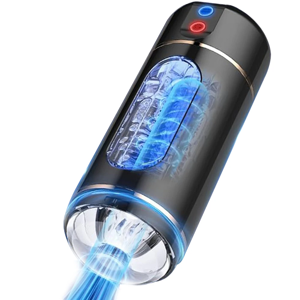 Adult male vibration masturbation cup with interactive voice features and textured internal sleeve for penis exercise.