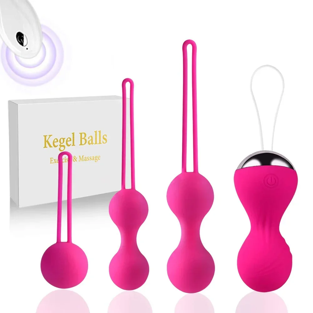 Set of silicone Kegel vibrating eggs with a wireless remote control for pelvic floor exercise and massage.