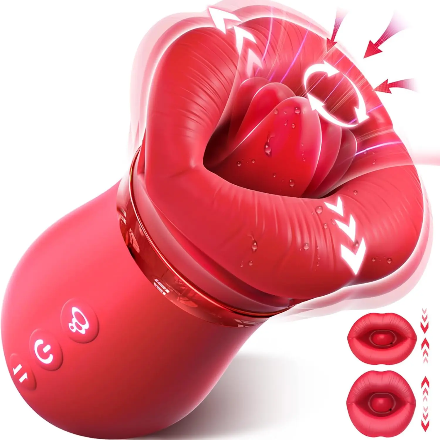 A mouth-shaped sucking vibrator with red lips and a textured tongue, showing the sleek app-controlled interface for targeted female pleasure.