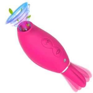 Close-up of a sleek, purple dual-action vibrator featuring a sucking nozzle and licking tongue for clitoral and G-spot stimulation.