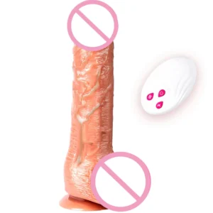 A realistic 19cm heating dildo with wireless remote control and G-spot vibration textures for adult use.