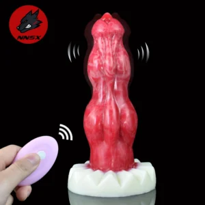A large textured knot dog dildo with a remote control vibrator and a flared base for safe anal and vaginal use.