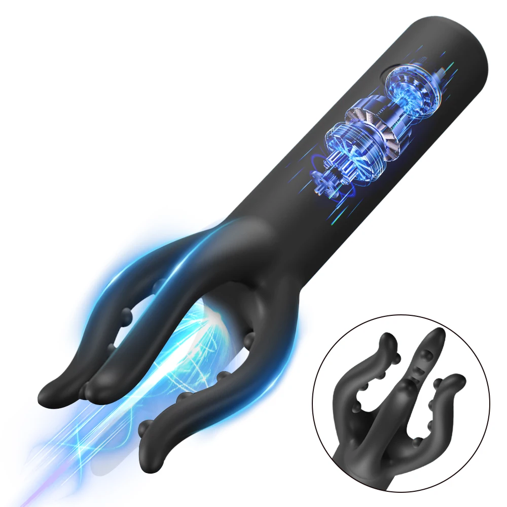 Black 360-degree wrapping male masturbator and nipple stimulator with 10 vibration settings.