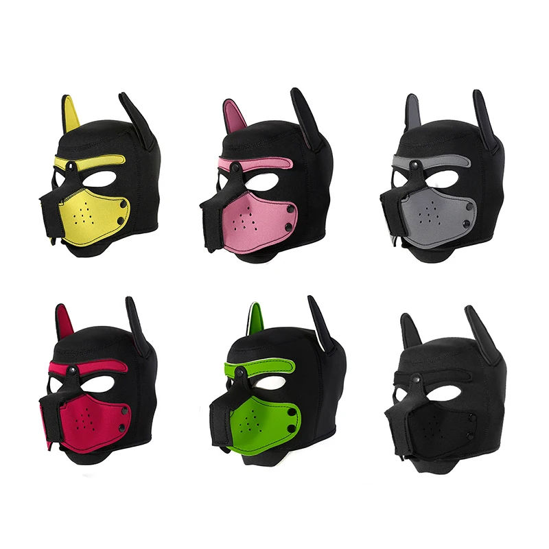 A black dog head hood mask for adult cosplay and BDSM roleplay by Xlucia.