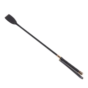 A sleek black leather horse whip and flogger for adult bondage games, shown in four different sizes against a neutral background.