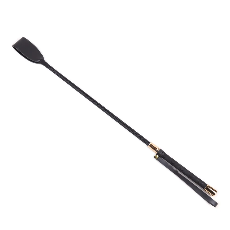 A sleek black leather horse whip and flogger for adult bondage games, shown in four different sizes against a neutral background.
