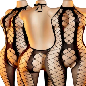 Sheer fishnet babydoll bodystocking crotchless mesh hanging neck lingerie see through design