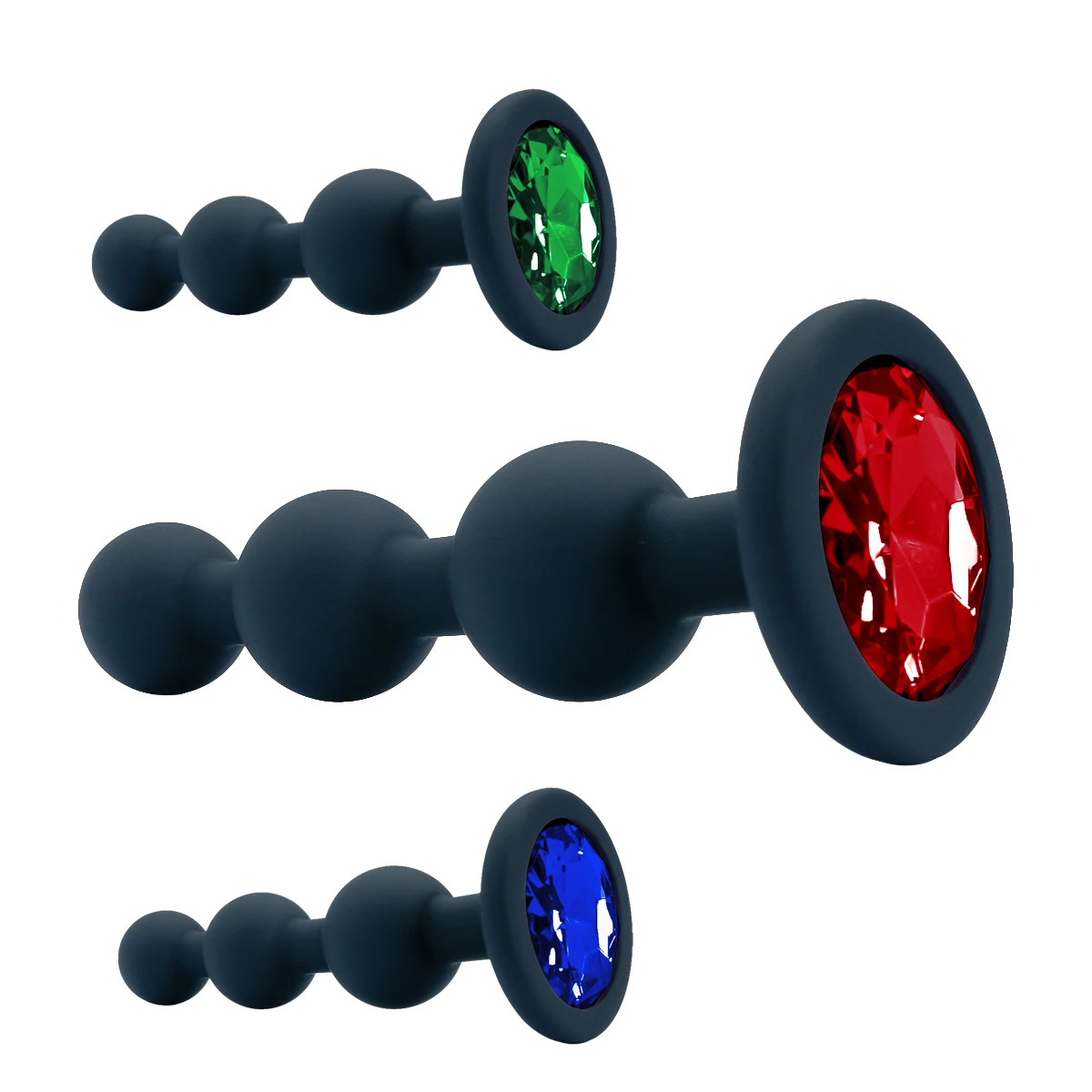 A black silicone 3 ball anal bead plug featuring a clear sparkling crystal base on a white background.