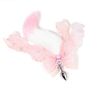 A metal anal plug with a colorful, plush fox tail attachment for erotic adult games.