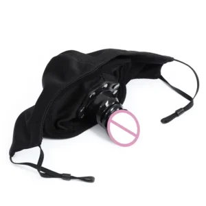 Black bondage mask with open mouth gag and integrated silicone dildo plug for adult play.