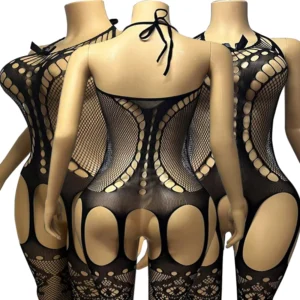 Crotchless babydoll halter neck fishnet bodystocking front view
