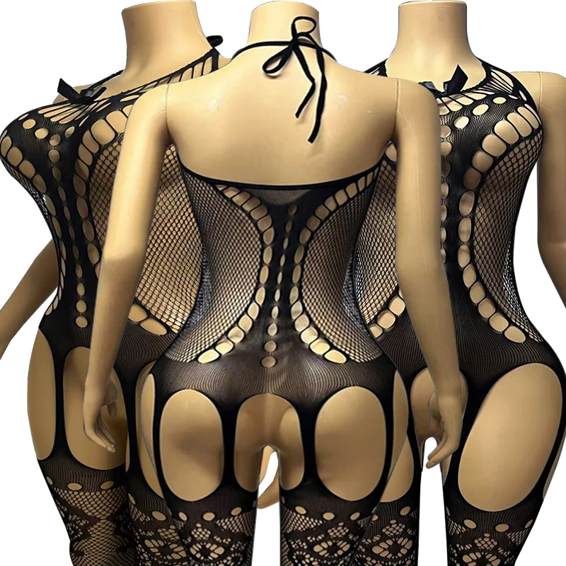 Crotchless babydoll halter neck fishnet bodystocking front view