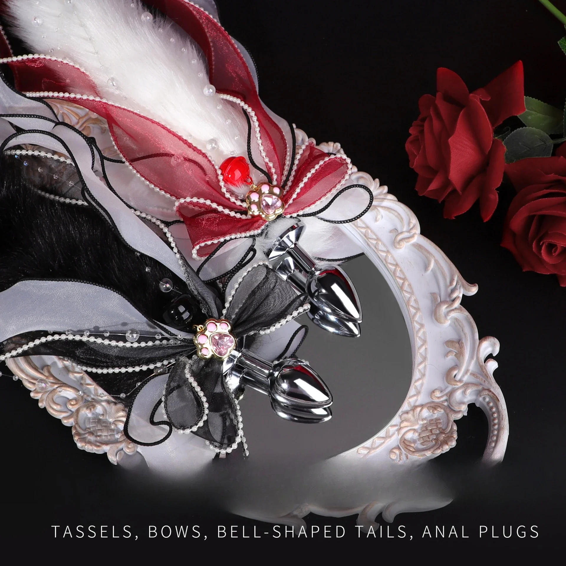 A metal anal plug with a colorful, plush fox tail attachment for erotic adult games.