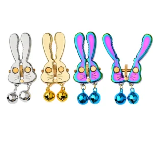 A pair of silver-toned rabbit-shaped nipple clamps featuring small hanging bells and adjustable tension screws for customized adult sensory play.